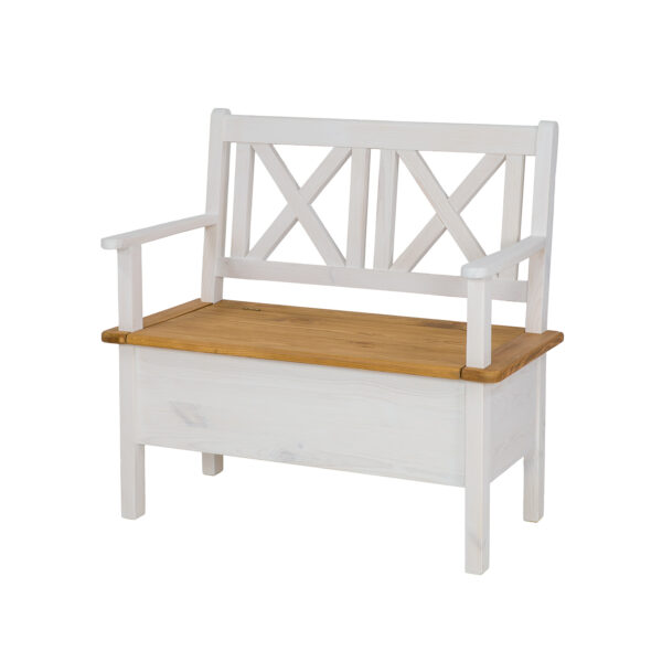 Biała ławka drewniana z pojemnikiem