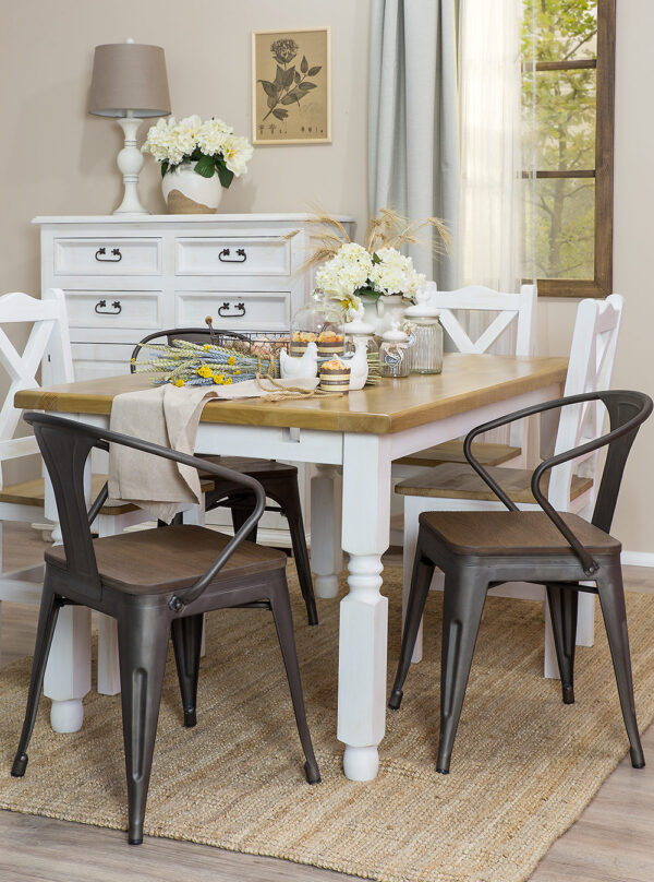 Drewniany stół z białymi nogami, prowansalski stół do jadalni