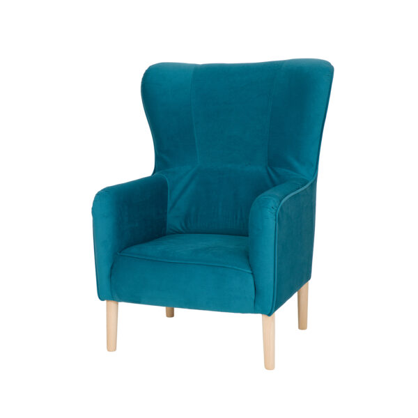 Piękny niebieski fotel uszak do salonu