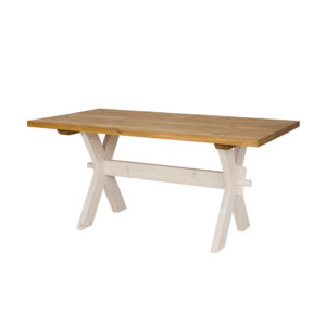 Drewniany stół ogrodowy z białymi nogami i brązowym blatem