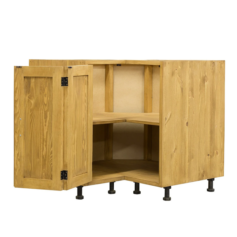 drewniana szafka narożna do kuchni z czarnymi okuciami, styl rustykalny, vintage