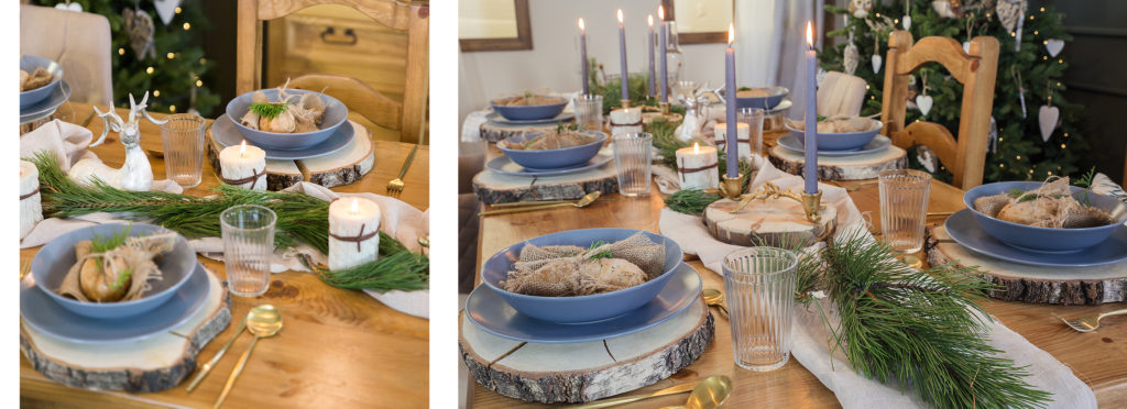 Niebieskie talerze na drewnianym stole