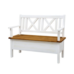 Biała ławka z podłokietnikami