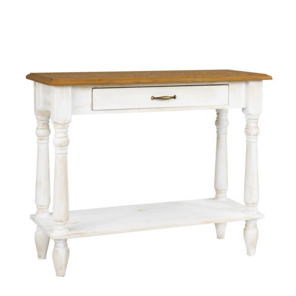 Biały, prowansalski stolik przyścienny z litego drewna z szufladką