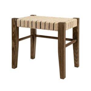 Drewniany sosnowy taboret z naturalnym jutowym siedziskiem, rustykalny mebel do wnętrz w stylu vintage, wiejskim